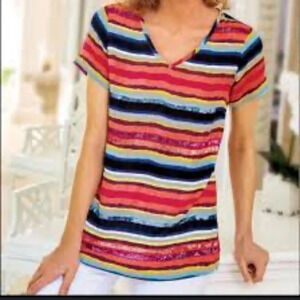 Soft Surroundings Multi Rainbow Striped Sequin Size XL V Neck Short Sleeve Tee